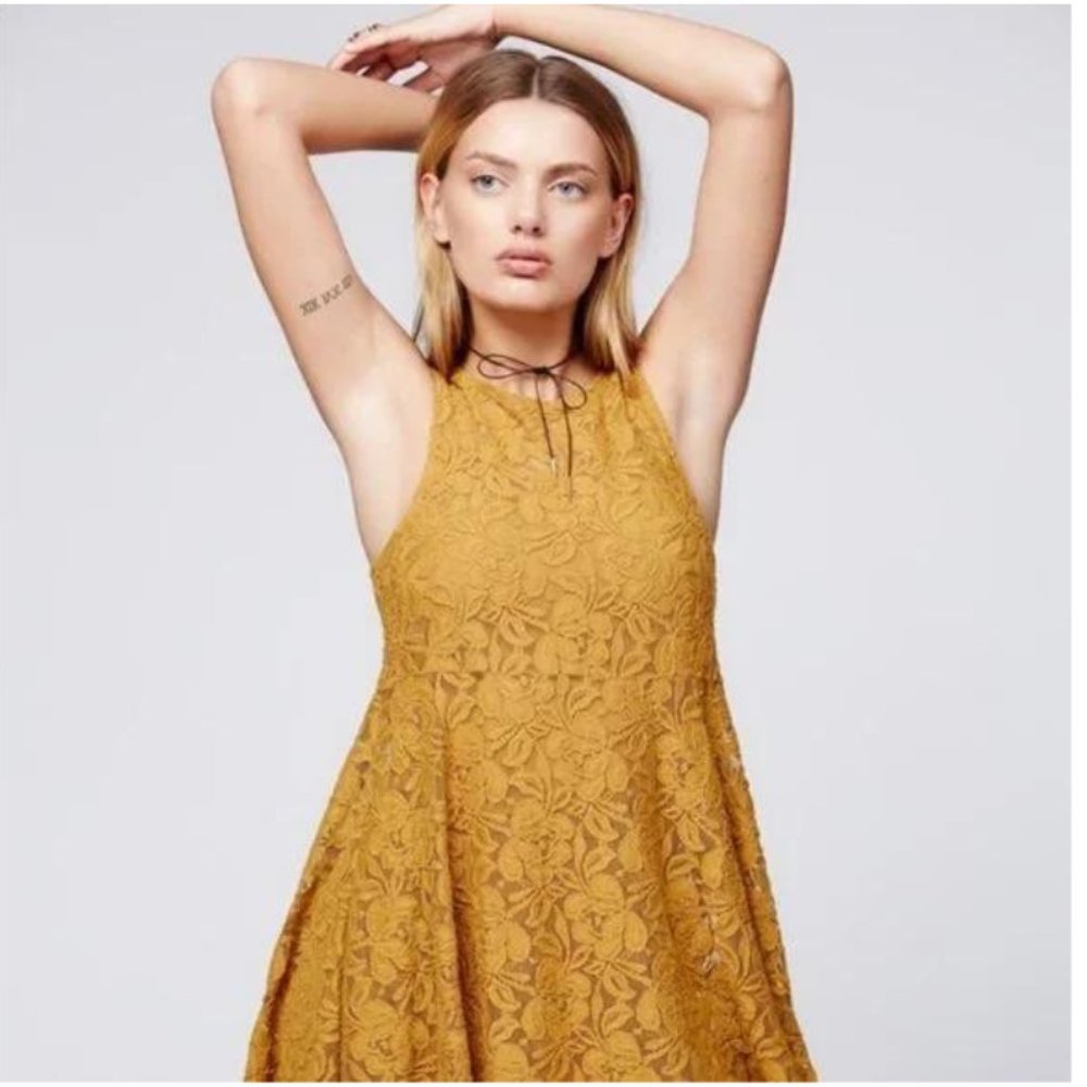 Free People Mustard Yellow Lace Mini Dress